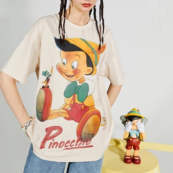 Disney Negabaritinių marškinėliai Harajuku, Kad Pinokio Nuotykius Cartoon O-Kaklo Vasarą Moterys trumpomis Rankovėmis Moteriška Tee Viršūnes Plius