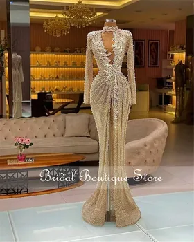 Dubajus Arabų Moterų Vakarinę Suknelę 2021 Prabangių Nėrinių Duobute Susiėmę Ilgomis Rankovėmis Undinė Prom Dresses Ilgai Priekiniai Padalinta Oficialų Suknelė