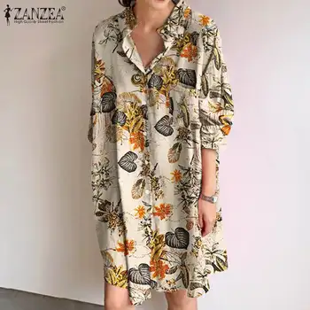 Elegantiškas Pavasario Marškinėliai Suknelė ZANZEA 2021 Moterų Spausdinti Sundress ilgomis Rankovėmis Kelio Ilgis Vestidos Moterų Atsitiktinis Gėlių Skraiste