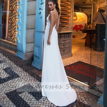 Elegantiškas Vestuvių Suknelės Jersey Klostyti Skaidrių Padalinta V-Kaklo Spagečiai Dirželiai Backless Undinė Vestuvinės Suknelės Novia Padaryti 2021 Naujas Šalis