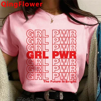 Feminizmo Mergina Galia Grl Pwr Feminizmas t-shirt marškinėliai moteriška derliaus 2021 japonų pora drabužiai, marškinėliai harajuku kawaii kawaii