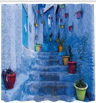 Gatvės su Spalvinga Gėlių Vazonai iš Miestas Chefchaouen, Marokas Kelionės Kaime, audinys Audinys Vonios kambario Dekoro