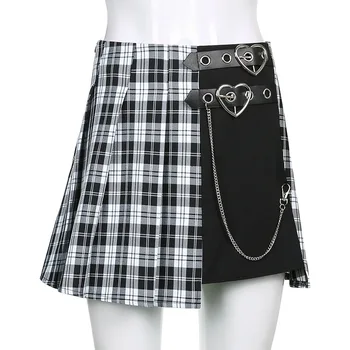 Goth Tamsiai Mall Gotikos Pledas Grunge Moterų-Line Mini Sijonai Punk Aukšto Juosmens Alternatyvių Drabužių Sijonas Grandinės Mados Streewear