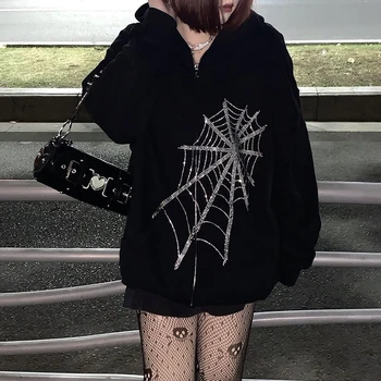Gothic Punk Voratinklyje Hoodie Moterų Pasakų Grunge Tamsiai Akademijos Striukė Kailis Harajuku Outwear Užtrauktukas Palaidinės Emo Dugnas