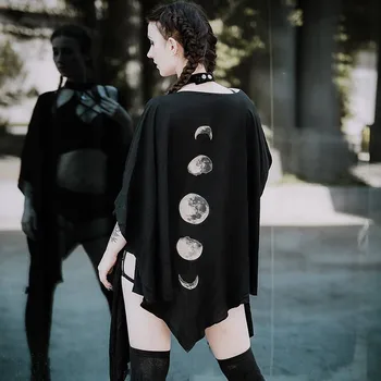 Gotikos Mėnulio Fazės Didžiuliais Neteisėtų Juodas Apsiaustas Moterų Rudenį, Žiemą 2021 Geometrinis Y2k Grafinis Goth Outwear Pončai Ponios