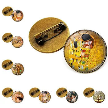 Gustavo Klimto Bučinys Sagės Papuošalai su Bronzos Spalvos Stiklo Cabochon Klimto Bučinys Modelis Sagė Pin Derliaus Sagės Dovana