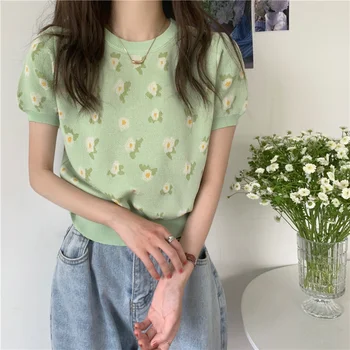 Gėlių Žalia T-shirt O Kaklo trumpomis Rankovėmis T-shirt Moterims, Vasarą 2021