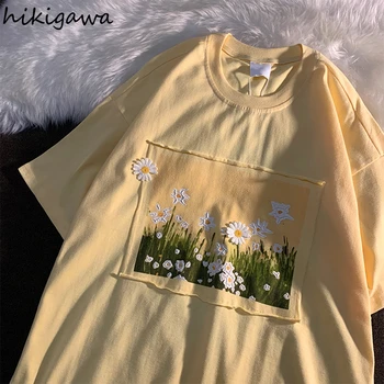 Hikigawa Japonija Cute Drabužiai Moterims Tee Kawaii Viršūnes Gėlių Spausdinti marškinėliai trumpomis Rankovėmis Lady T Shirts 2021 M. Vasaros Mados Marškinėlius