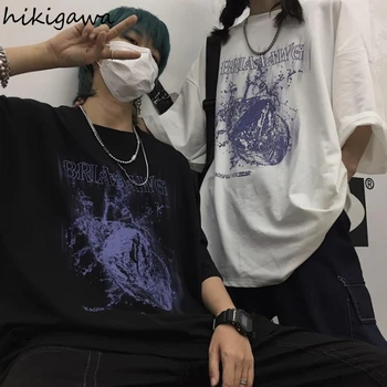 Hikigawa Y2k Estetinės Trumpas Rankovės Goth Grafinis Tee Moterims Topai Animacinių filmų Spausdinti Vyrų marškinėliai Japonijos Hip-Hop T Shirts Prarasti Tshirts