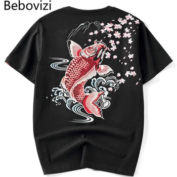 Hip-Hop Streetwear Harajuku Marškinėliai Japonijos Karpis Siuvinėjimo Marškinėlius 2021 Vyrų Vasaros Trumpomis Rankovėmis T-Shirt Vatos Pagaliukai Tees Žuvys