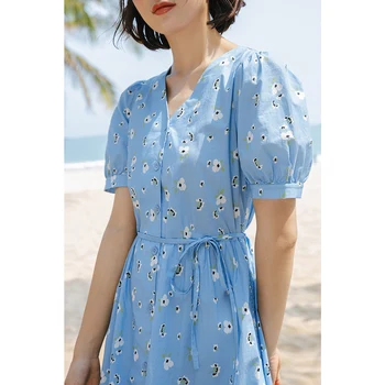 INMAN Vasaros Elegantiškas Paplūdimio Mėlyna Moterų Suknelė Sielovados V-Kaklo, Švieži Spausdinimo Mygtukai Trumpas Rankovės Medvilnės-Line Gėlių vientisas