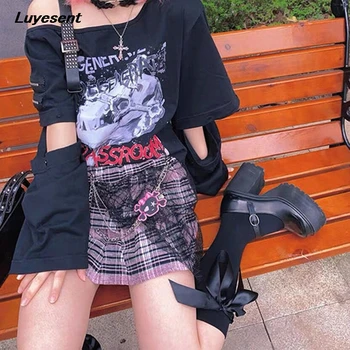 Juoda Punk Lady Off Peties Y2k Sexy Marškinėliai Vasarą Moterys Nuimamos Rankovės Gotikos Print T-shirt Stap Harajuku Gatvėje Tee Viršūnės