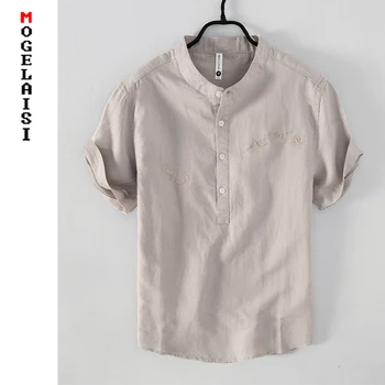 Kinų stiliaus vyrų balti marškiniai siuvinėjimo Krano lino viršūnes Orui ir minkšti trumpas rankovės mados aukštos kokybės žmogaus clothing883