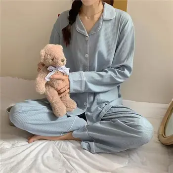 Korėjiečių Namų Kostiumai Pižama Moteris Vasarą ilgomis Rankovėmis Ansamblis Pyjama Femme Paprasta vientisa Spalva Pijamas Rinkiniai Ponios Sleepwear