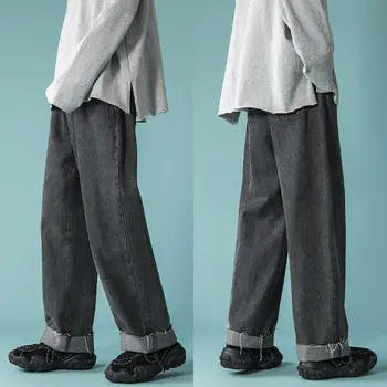Korėjos Plataus kojų Džinsai Vyrų Mados Atsitiktinis Medvilnės Retro Džinsai Vyrams Streetwear Prarasti Hip-hop Tiesiai Džinsinio audinio Kelnės Mens S-2XL