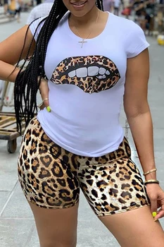 Leopard Lūpų Spausdinti Dviejų Dalių Rinkinys Moterims Seksualus Vasaros Streetwear Trumpas Rankovės Atsitiktinis Y2k Viršūnes Estetinės Liesas Šortai Nustatyti Apranga