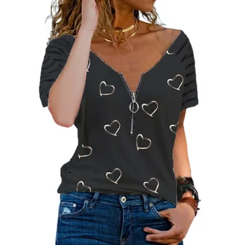 Mados Dekoro Moterų Vasaros Širdies, Print T-Shirts Streetwear Užtrauktukas V-Kaklo trumpomis Rankovėmis Atsitiktinis Palaidų Puloveriai Viršuje 3XL G2534
