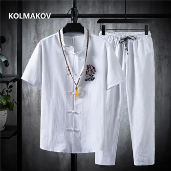 (Marškinėliai + kelnės) vasaros vyrų Medvilnės ir lino marškiniai trumpomis rankovėmis vyriški laisvalaikio marškinėliai vyrams nustatyti drabužių dydis M-5XL TZ029