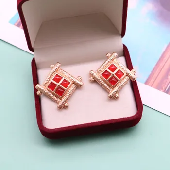 Matte Alloy Trendy Red Geometric Earrings Textured Wedding Party Jewelry