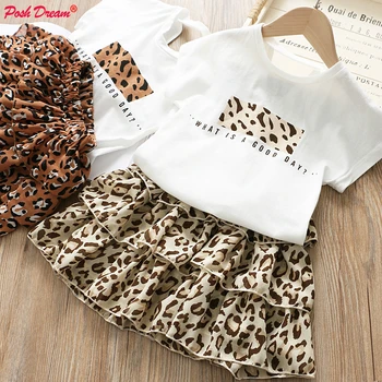 Mergaitės Drabužiai Nustatyti 2019 M. Vasarą Balti Marškiniai + Leopard Tortas Sijonas, 2 Gabalėlių Karoliai Rinkinius Vaikas Pagrindinio Casula Medvilnės Drabužiai Kostiumas