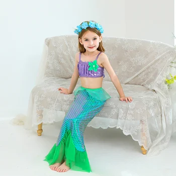 Mergaitės Princesė Dress 3pcs Mermaid Dress up maudymosi kostiumėlį, Apranga Vasaros Šalis Cosplay Kostiumas Vaikams Žuvies Uodega Drabužius Vaikas