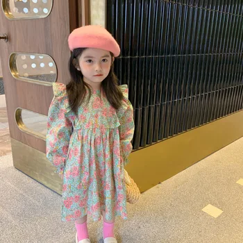 Mergaičių Suknelė Vaikų Medvilnės ilgomis Rankovėmis Gėlių Suknelės Vaikams Mados korėjos Sijonas Baby Princess Drabužių 2021 M. Pavasarį Rudenį