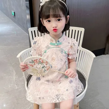 Mielas Kūdikis Mergaičių Kinų Stiliaus Cheongsam Suknelė Gėlių Sluoksniuotos Rankovėmis Derliaus Elegantiškas Mielas Siuvinėjimo Tinklelio Suknelė Princesė Suknelė