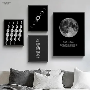 Minimalistinio pilnatis Plakato spauda ant Drobės Juoda Balta Mėnulio Fazes, Saulės Sistemos Tapybos Paveikslų Namų Kambarį Dekoro