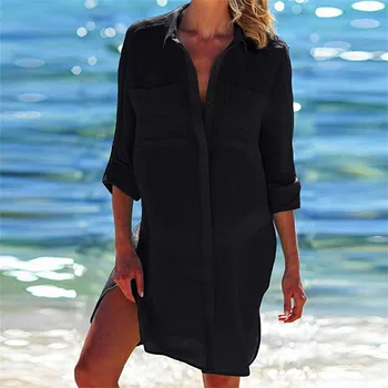 Moterų Balti Paplūdimio Cover Up Moterims Palaidinės, Marškinėliai Soild Kaftan Paplūdimio Dėvėti Tunikas ilgomis Rankovėmis Bikini Coverup Boho Paplūdimio Suknelė #1G
