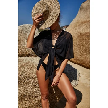 Moterų Bikinio Coverup vientisos Spalvos Pusė Rankovių Megztinis darbo drabužiai Skaidrus Moterų Palaidinė Saulės Žaliojo Šifono Bikini Paplūdimys
