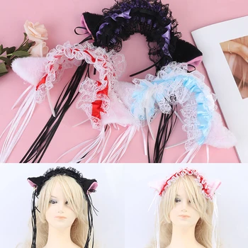 Moterų, Mergaičių, Raukiniai, Nėriniai Dirbtiniais Šilko Lankelis Mielas Pliušinis Kačių Ausys Kaspino Juosteles Bell Dekoro Plaukų Lankelis Lolita Anime Cosplay