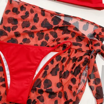 Moterų Red Bikini Rinkiniai, 3 vnt Leopardas Spausdinti Sijonas, Liemenėlė ir juosmenėlės maudymosi giliai v-kaklo push up monokini maudymosi kostiumai bakini
