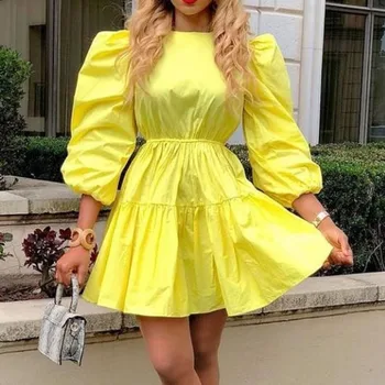 Moterų streetwear geltonos spalvos mini suknelė mados sluoksniuotos rankovėmis linijos high waisted tunika jaunų merginų data atsitiktinis vasaros trumpos suknelės