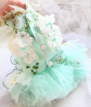 Nemokamas Pristatymas Prabangus Šuo Dress Fairy Apykaklės Siuvinėjimo Gėlių Šviežia Žalia Tutu Naminių Kačių, Šunų Drabužius Pudelis Maltiečių