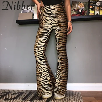 Nibber Moterų korėjos Mados Liesas Leopardas Spausdinti Bell-dugnas Vasaros Y2k Harajuku Aukšto Juosmens Ruožas Ilgas Kelnes Naujos Streetwear