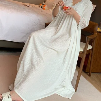 Nightgowns Moterų V-kaklo Vasaros Prarasti Gryna Spalva Studentų Sleepwear Prašmatnus Japonų Stiliaus Baltas Saldus Mergaičių Atsitiktinis Nėrinių Pusė Rankovės
