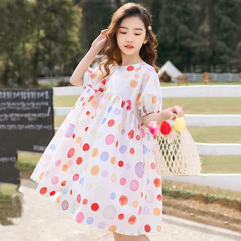 Paauglių Mergaičių Medvilnės Atsitiktinis Suknelė Vasaros 2021 Naujų Vaikai Korėjos Stilius Laisvas Mielas Polka Dot Princesė Drabužiai Nėra Skaidri, #9449