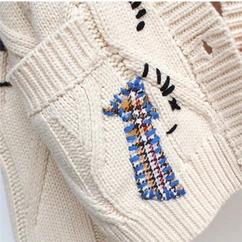 Pavasario 2020 Moterų Megztinis Šiltas Megztiniai Megztinis Striukės Kišenėje Siuvinėjimas Mados Cardigan Megztiniai Striukė Ponios Laisvas Megztinis