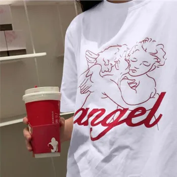 Plaukioja Angelas Print T shirt Moterims, Europos, Amerikos Stiliaus trumpomis Rankovėmis O Kaklo Moterų Šukuotinės Medvilnės Spandex Moterys T-shirt