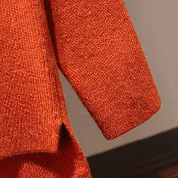 Plus Size 5XL Moterų Megzti Dviejų dalių Rinkiniai, Laisvalaikio Rudenį Kietas Laisvas Megztinis Megztinis Viršūnes+Aukštis Juosmens Kutas Sijonas sportiniai Kostiumai