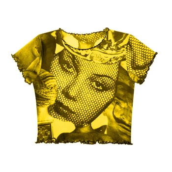 Portretas Grafinis Spausdinti marškinėliai Gotikos E-mergina, Grafika 90s Y2K Moterų trumpomis Rankovėmis Pasėlių Viršuje Harajuku Hip-Hop Streetwear Viršūnes Tees