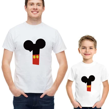 Puikus Šeimos Vasaros Drabužių trumpomis Rankovėmis Atsitiktinis Balta O-kaklo Mickey Mouse Gražių Numerių Spausdinti Unisex Tshirts Tėvo Vaikai Tees