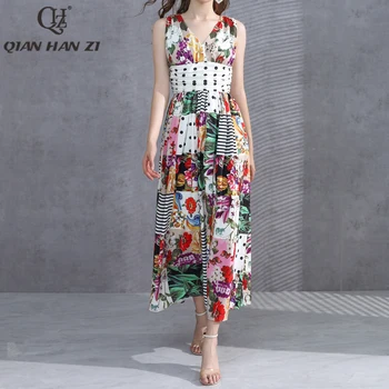 Qian Han Zi Naujas Vasaros Mados Paplūdimio Ilga Suknelė Moterų V-kaklo Gėlių Spausdinti Elegantiškas Bohemijos Atostogų Maxi Suknelė