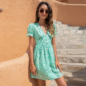 QWEEK Vasaros Atsitiktinis Moterų Suknelės 2021 Gėlių Spausdinti Žalia Trumpas Rankovės Wrap Mini Suknelė Kuokštelinių Paplūdimio atostogų Atostogų Sundress