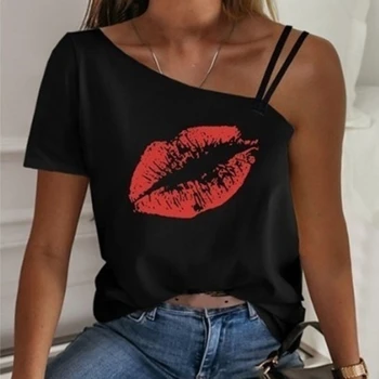 Raudona Lūpų Print T Shirt Nereguliarus Off Peties T-shirt Seksualus Kvėpuojantis Brandus Streetwear Visas rungtynes, 2020 Naujas Vasaros Mados Viršūnes