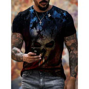 Retro Stiliaus Atspausdintas T-Shirt, Vėliavos Modelis Pokerio T-Shirt, Gatvės Stiliaus, Apvalios Kaklo, Kvėpuojantis, Viskas Įskaičiuota, Naujovė 2021