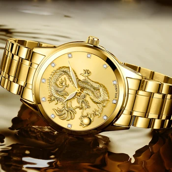 Režimas Herren Edelstahl Uhren Grynas Prabanga Būdu Goldenen Drachen Skulptur Quarz Wristatch Mannlichen Verslo Atsitiktinis Uhr Reloj Hombre