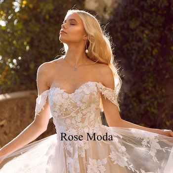 Rose Moda Off Peties Bžūp Rankovėmis Dramblio kaulo per Šampano Nėrinių Vestuvinė Suknelė