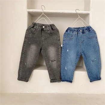 Rudenį 2021 unisex vaikai elastinga ripped jeans korėjos stiliaus berniukų ir mergaičių prarasti tiesiai džinsinio audinio kelnės