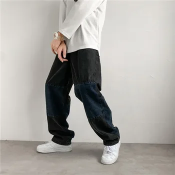 Rudenį, Pavasarį, Naujų Harajuku Jeans Mens Tiesios Kelnės Derliaus Patchworked Pločio Kojų Kelnės Prarasti Punk Kelnės Streetwear Vyrų Džinsai